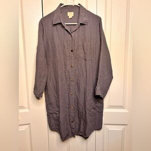 Vikolino Women’s M/L 100% European Washed Linen Blue Dress Wooden Button Pockets